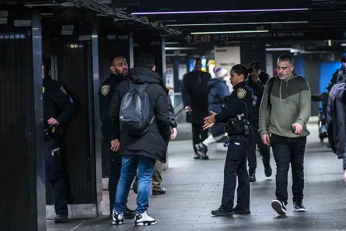 NYPD officers patrol around Grand Central Subway station on March 6 2024.